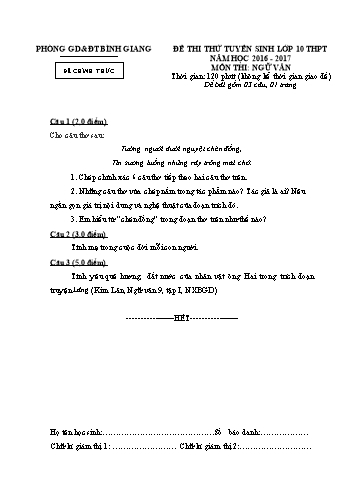 Đề thi thử tuyển sinh lớp 10 THPT môn Ngữ văn - Năm học 2016-2017 - Phòng GD&ĐT Bình Giang (Kèm hướng dẫn chấm)