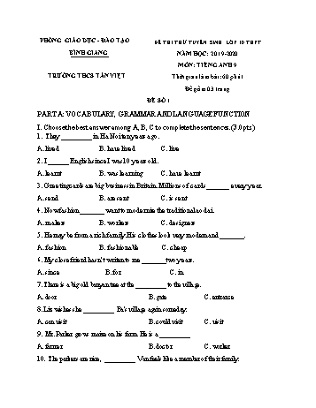 Đề thi thử tuyển sinh lớp 10 THPT môn Tiếng Anh Lớp 9 - Năm học 2019-2020 - Trường THCS Tân Việt