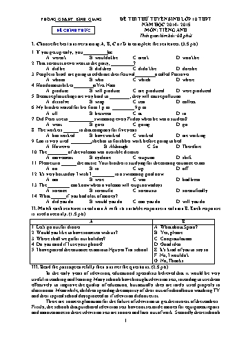 Đề thi thử tuyển sinh lớp 10 THPT môn Tiếng Anh - Năm học 2014-2015 - Phòng GD&ĐT Bình Giang (Kèm hướng dẫn chấm)