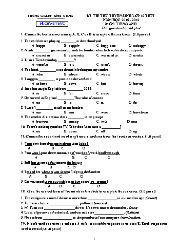 Đề thi thử tuyển sinh lớp 10 THPT môn Tiếng Anh - Năm học 2015-2016 - Phòng GD&ĐT Bình Giang (Kèm hướng dẫn chấm)