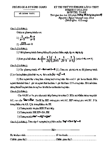 Đề thi thử tuyển sinh lớp 10 THPT môn Toán - Năm học 2014-2015 - Phòng GD&ĐT Bình Giang (Có đáp án)