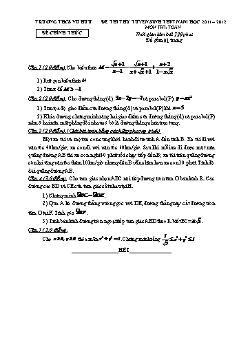 Đề thi thử tuyển sinh THPT môn Toán - Năm học 2011-2012 - Trường THCS Vũ Hữu (Có đáp án)