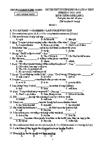 Đề thi thử tuyển sinh vào lớp 10 THPT lần 2 môn Tiếng Anh - Năm học 2019-2020 - Phòng GD&ĐT Bình Giang - Đề số 2 (Có đáp án)
