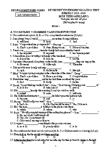 Đề thi thử tuyển sinh vào lớp 10 THPT lần 2 môn Tiếng Anh - Năm học 2019-2020 - Phòng GD&ĐT Bình Giang - Đề số 1 (Có đáp án)