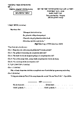 Đề thi thử tuyển sinh vào lớp 10 THPT môn Ngữ văn - Năm học 2019-2020 - Trường THCS Bình Minh (Có đáp án)