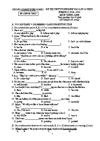 Đề thi thử tuyển sinh vào lớp 10 THPT môn Tiếng Anh - Năm học 2018-2019 - Phòng GD&ĐT Bình Giang (Kèm hướng dẫn chấm)