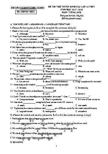 Đề thi thử tuyển sinh vào lớp 10 THPT môn Tiếng Anh - Năm học 2017-2018 - Phòng GD&ĐT Bình Giang