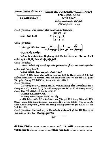 Đề thi thử tuyển sinh vào lớp 10 THPT môn Toán - Năm học 2017-2018 - Phòng GD&ĐT Bình Giang (Kèm hướng dẫn chấm và biểu điểm)