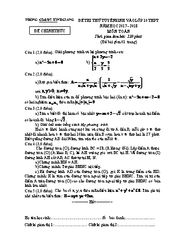 Đề thi thử tuyển sinh vào lớp 10 THPT môn Toán - Năm học 2017-2018 - Phòng GD&ĐT Bình Giang