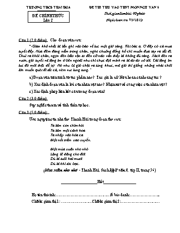 Đề thi thử vào THPT lần 2 môn Ngữ văn Lớp 9 - Trường THCS Thái Hòa (Kèm hướng dẫn chấm)