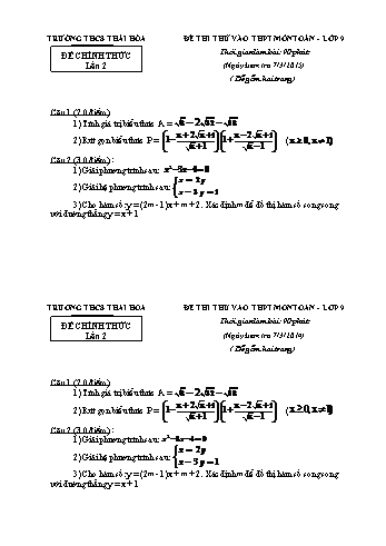 Đề thi thử vào THPT lần 2 môn Toán Lớp 9 - Trường THCS Thái Hòa (Kèm hướng dẫn chấm)