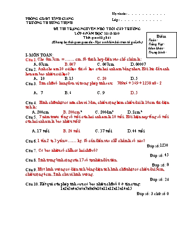 Đề thi trạng nguyên nhỏ tuổi cấp trường Lớp 4 - Năm học 2018-2019 - Trường Tiểu học Hưng Thịnh (Có đáp án)