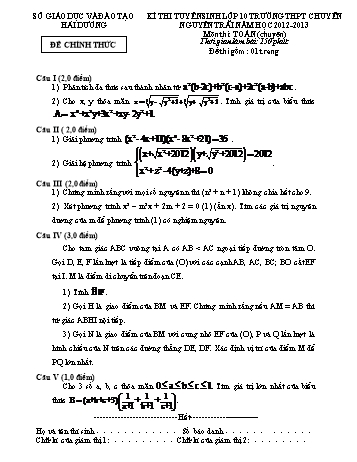 Đề thi tuyển sinh Lớp 10 môn Toán (chuyên) - Trường THPT chuyên Nguyễn Trãi - Năm học 2012- 2013