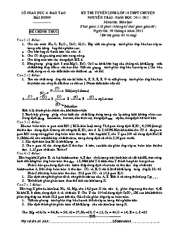 Đề thi tuyển sinh lớp 10 THPT chuyên Nguyễn Trãi môn Hóa học - Năm học 2011-2012 - Sở GD&ĐT Hải Dương (Có đáp án)