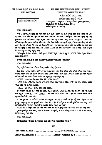 Đề thi tuyển sinh lớp 10 THPT chuyên Nguyễn Trãi môn Ngữ văn - Năm học 2011-2012 - Sở GD&ĐT Hải Dương (Có đáp án)