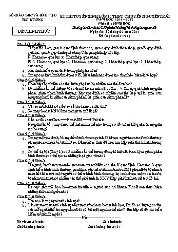 Đề thi tuyển sinh lớp 10 THPT chuyên Nguyễn Trãi môn Sinh học - Năm học 2011-2012 - Sở GD&ĐT Hải Dương