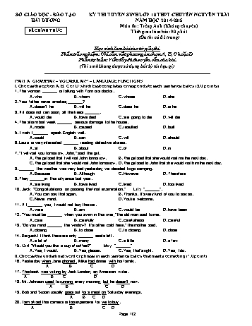 Đề thi tuyển sinh lớp 10 THPT chuyên Nguyễn Trãi môn Tiếng Anh (Không chuyên) - Năm học 2014-2015 - Sở GD&ĐT Hải Dương (Có đáp án)