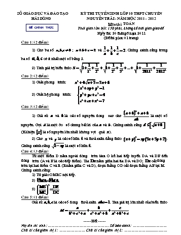Đề thi tuyển sinh lớp 10 THPT chuyên Nguyễn Trãi môn Toán - Năm học 2011-2012 - Sở GD&ĐT Hải Dương