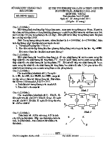 Đề thi tuyển sinh lớp 10 THPT chuyên Nguyễn Trãi môn Vật lí - Năm học 2011-2012 - Sở GD&ĐT Hải Dương (Có đáp án)