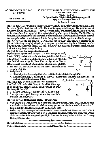 Đề thi tuyển sinh lớp 10 THPT chuyên Nguyễn Trãi môn Vật lý - Năm học 2014-2015 - Sở GD&ĐT Hải Dương (Có đáp án)