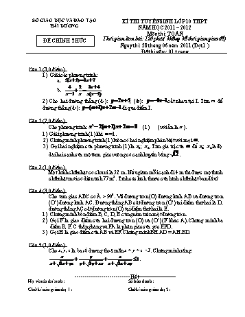 Đề thi tuyển sinh lớp 10 THPT đợt 1 môn Toán - Năm học 2011-2012 - Sở GD&ĐT Hải Dương (Có đáp án)