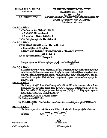 Đề thi tuyển sinh lớp 10 THPT đợt 2 môn Toán - Năm học 2011-2012 - Sở GD&ĐT Hải Dương (Có đáp án)