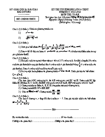 Đề thi tuyển sinh lớp 10 THPT đợt 2 môn Toán - Năm học 2014-2015 - Sở GD&ĐT Hải Dương (Có đáp án)