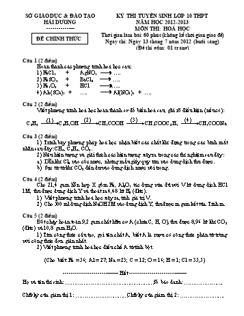 Đề thi tuyển sinh lớp 10 THPT môn Hoá học - Năm học 2012-2013 - Sở GD&ĐT Hải Dương