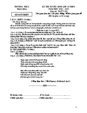 Đề thi tuyển sinh lớp 10 THPT môn Ngữ văn - Năm học 2019-2020 - Trường THCS Thái Hòa (Có đáp án)