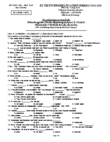 Đề thi tuyển sinh lớp 10 THPT môn Tiếng Anh - Năm học 2014-2015 - Sở GD&ĐT Hải Dương