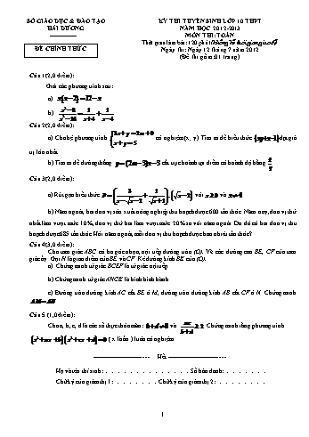 Đề thi tuyển sinh lớp 10 THPT môn Toán Lớp 9 - Năm học 2012-2013 - Sở GD&ĐT Hải Dương (Có đáp án)
