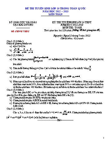 Đề thi tuyển sinh lớp 10 THPT môn Toán - Năm học 2012-2013 - Sở GD&ĐT Hải Dương (Kèm hướng dẫn chấm)