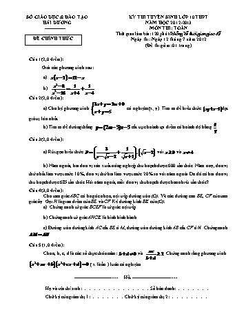 Đề thi tuyển sinh lớp 10 THPT môn Toán - Năm học 2012-2013 - Sở GD&ĐT Hải Dương