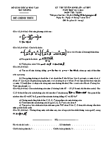 Đề thi tuyển sinh lớp 10 THPT môn Toán - Năm học 2012-2013 - Sở GD&ĐT Hải Dương (Có đáp án)