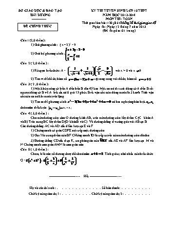 Đề thi tuyển sinh lớp 10 THPT môn Toán - Năm học 2013-2014 (Có đáp án)