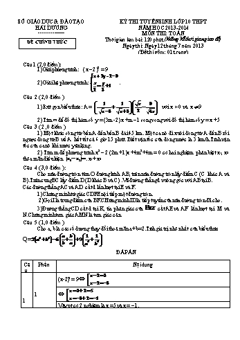 Đề thi tuyển sinh lớp 10 THPT môn Toán - Năm học 2013-2014 - Sở GD&ĐT Hải Dương (Có đáp án)