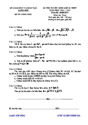 Đề thi tuyển sinh lớp 10 THPT môn Toán - Năm học 2014-2015 - Sở GD&ĐT Lạng Sơn (Có đáp án)