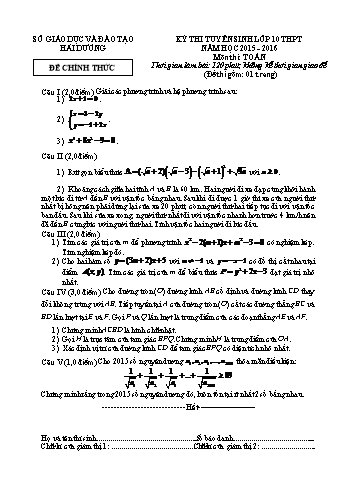 Đề thi tuyển sinh lớp 10 THPT môn Toán - Năm học 2015-2016 - Sở GD&ĐT Hải Dương (Có đáp án)