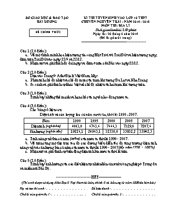 Đề thi tuyển sinh vào lớp 10 THPT chuyên Nguyễn Trãi môn Địa lí - Năm học 2014-2015  - Sở GD&ĐT Hải Dương (Có đáp án)