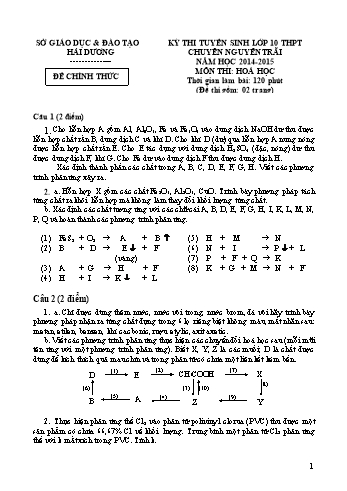 Đề thi tuyển sinh vào lớp 10 THPT chuyên Nguyễn Trãi môn Hóa học - Năm học 2014-2015  - Sở GD&ĐT Hải Dương (Có đáp án)