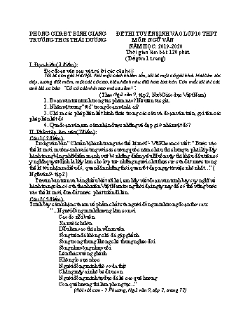 Đề thi tuyển sinh vào lớp 10 THPT môn Ngữ văn - Năm học 2019-2020 - Trường THCS Thái Dương (Có đáp án)