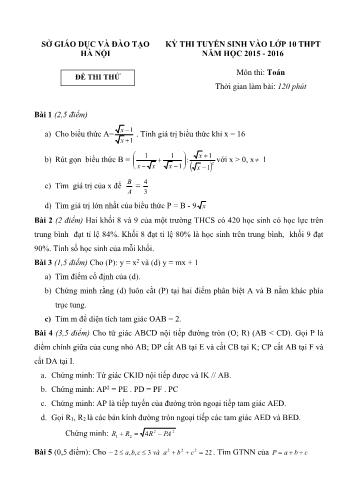 Đề thi tuyển sinh vào lớp 10 THPT môn Toán - Năm học 2015-2016 - Sở GD&ĐT Hà Nội