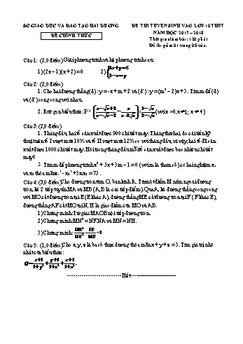 Đề thi tuyển sinh vào lớp 10 THPT môn Toán - Năm học 2017-2018 - Sở GD&ĐT Hải Dương (Có đáp án)