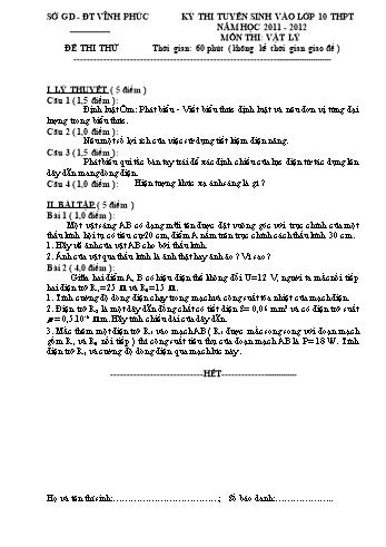 Đề thi tuyển sinh vào lớp 10 THPT môn Vật lý - Năm học 2011-2012 - Sở GD&ĐT Vĩnh Phúc - Đề thi thử số 1 (Kèm hướng dẫn chấm)