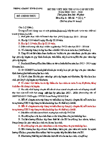 Đề thi viết hội thi giáo viên giỏi cấp huyện môn Địa lí - Năm học 2015-2016 - Phòng GD&ĐT Bình Giang - Đề số 001 (Có đáp án)