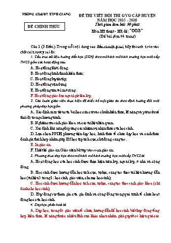 Đề thi viết hội thi giáo viên giỏi cấp huyện môn Mĩ thuật - Năm học 2015-2016 - Phòng GD&ĐT Bình Giang - Đề số 003 (Có đáp án)