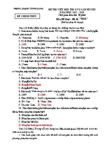 Đề thi viết hội thi giáo viên giỏi cấp huyện môn Mĩ thuật - Năm học 2015-2016 - Phòng GD&ĐT Bình Giang - Đề số 004 (Có đáp án)