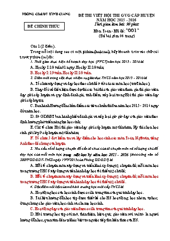 Đề thi viết hội thi giáo viên giỏi cấp huyện môn Toán - Năm học 2015-2016 - Phòng GD&ĐT Bình Giang - Đề số 001 (Có đáp án)