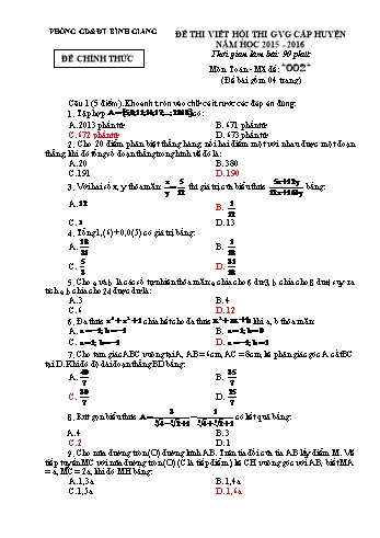 Đề thi viết hội thi giáo viên giỏi cấp huyện môn Toán - Năm học 2015-2016 - Phòng GD&ĐT Bình Giang - Đề số 002 (Có đáp án)