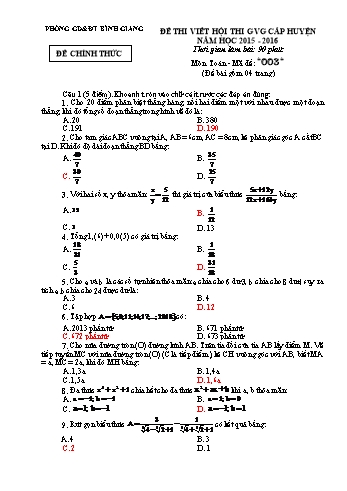 Đề thi viết hội thi giáo viên giỏi cấp huyện môn Toán - Năm học 2015-2016 - Phòng GD&ĐT Bình Giang - Đề số 003 (Có đáp án)